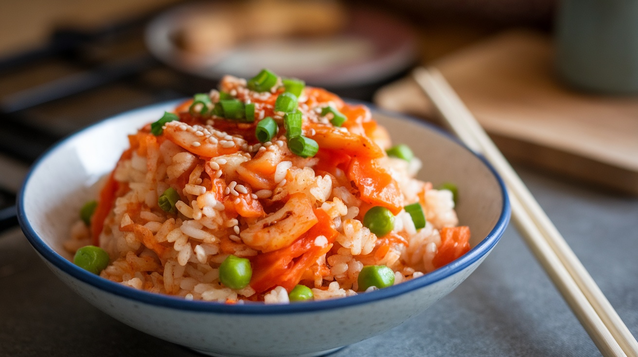 A bowl of Vegan Kimchi Fried Rice with colorful vegetables and garnished with sesame seeds.