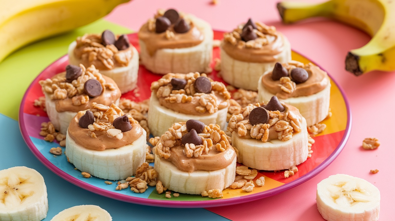 A plate of Peanut Butter Banana Bites with banana slices and peanut butter, garnished with granola and chocolate chips.