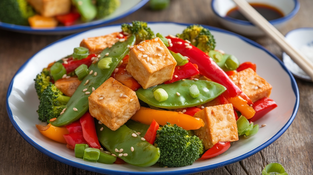 A vibrant gluten-free veggie stir-fry with tofu, bell peppers, snap peas, and broccoli, garnished with sesame seeds, on a wooden table.