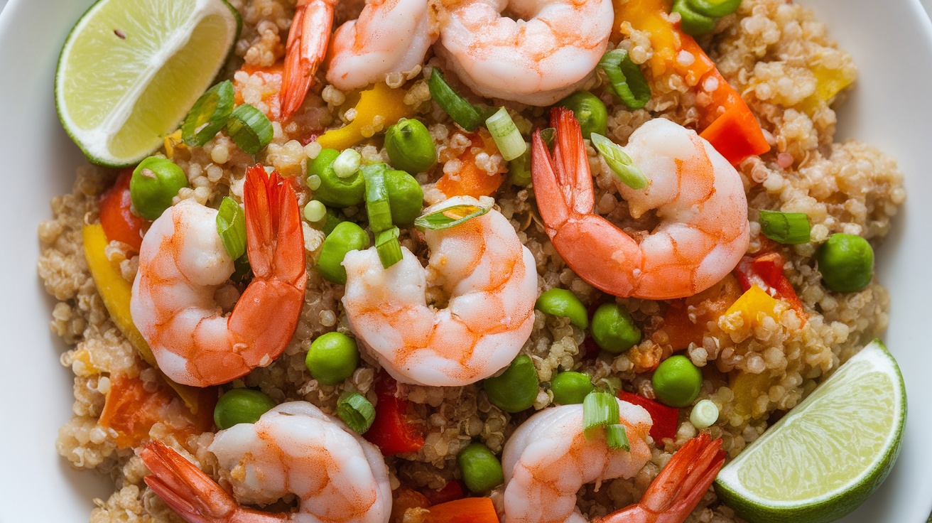 A colorful bowl of shrimp fried quinoa with shrimp, bell peppers, and green onions, served with lime wedges.