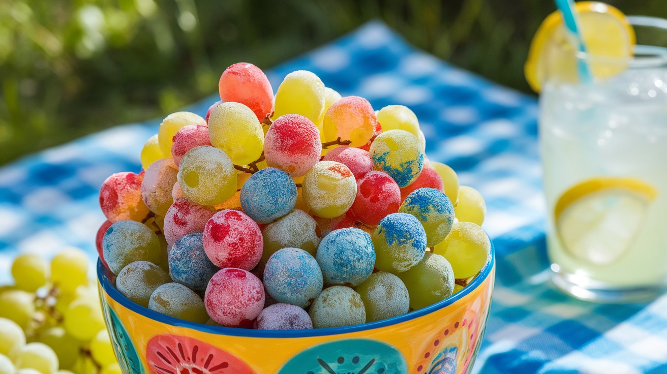 A bowl of Frozen Grapes with colorful Jello powder, ready to be enjoyed on a sunny day.