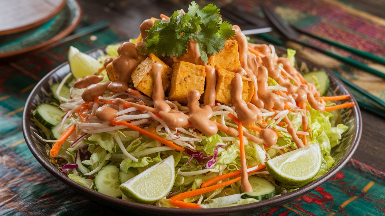 A colorful Vegan Gado-Gado Salad with fresh vegetables and tofu, drizzled with peanut sauce, garnished with cilantro and lime.