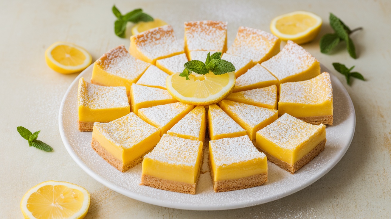 Vegan lemon bars on a plate, dusted with powdered sugar, surrounded by lemon slices and mint leaves.