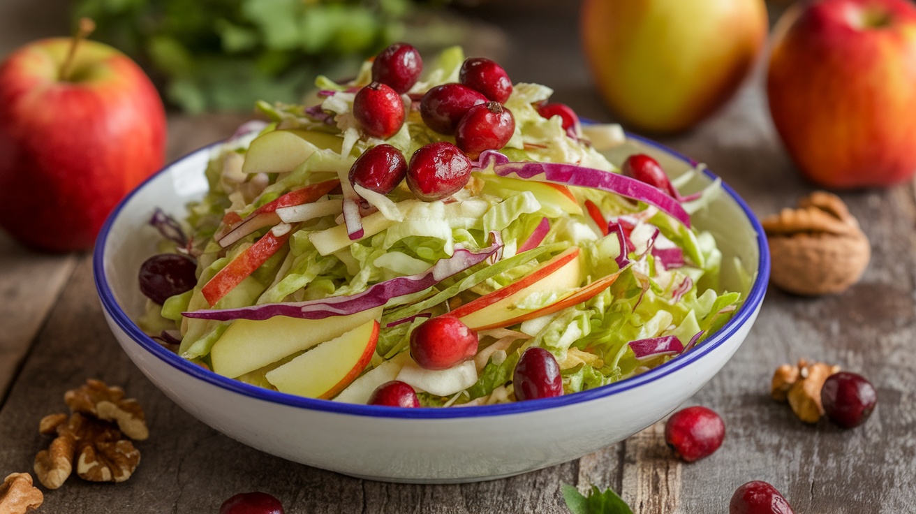 A bowl of Vegan Cranberry Apple Slaw with green cabbage, red apples, and cranberries, garnished with walnuts on a wooden table.