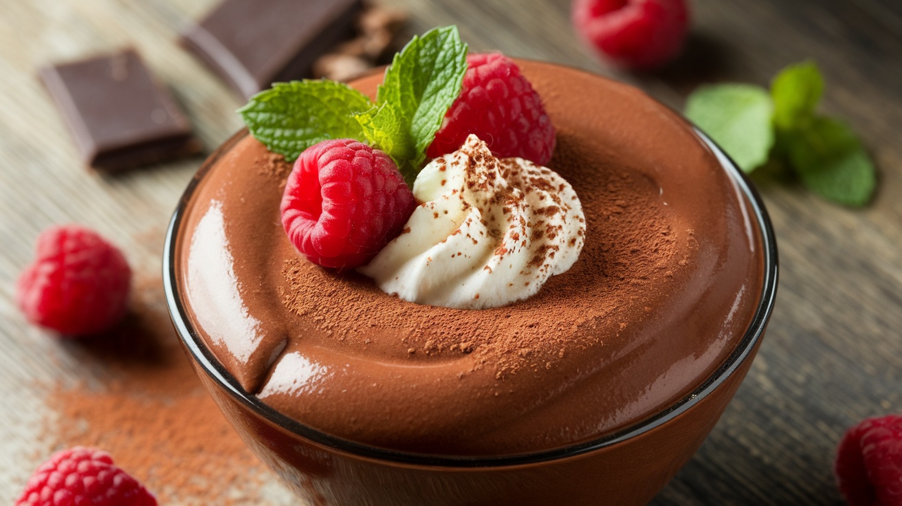 A bowl of vegan chocolate avocado mousse topped with whipped coconut cream and raspberries on a wooden table.