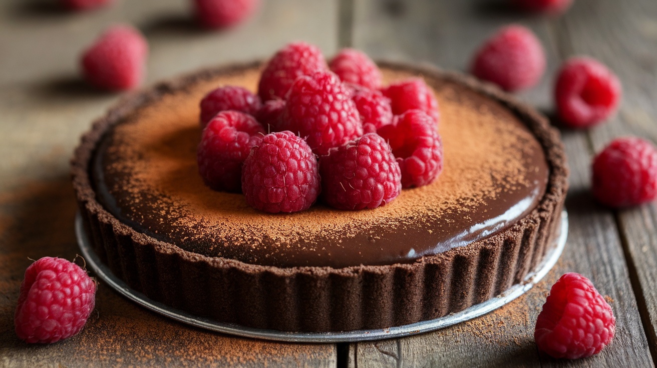 Vegan chocolate raspberry tart with fresh raspberries on top, sitting on a rustic wooden table.