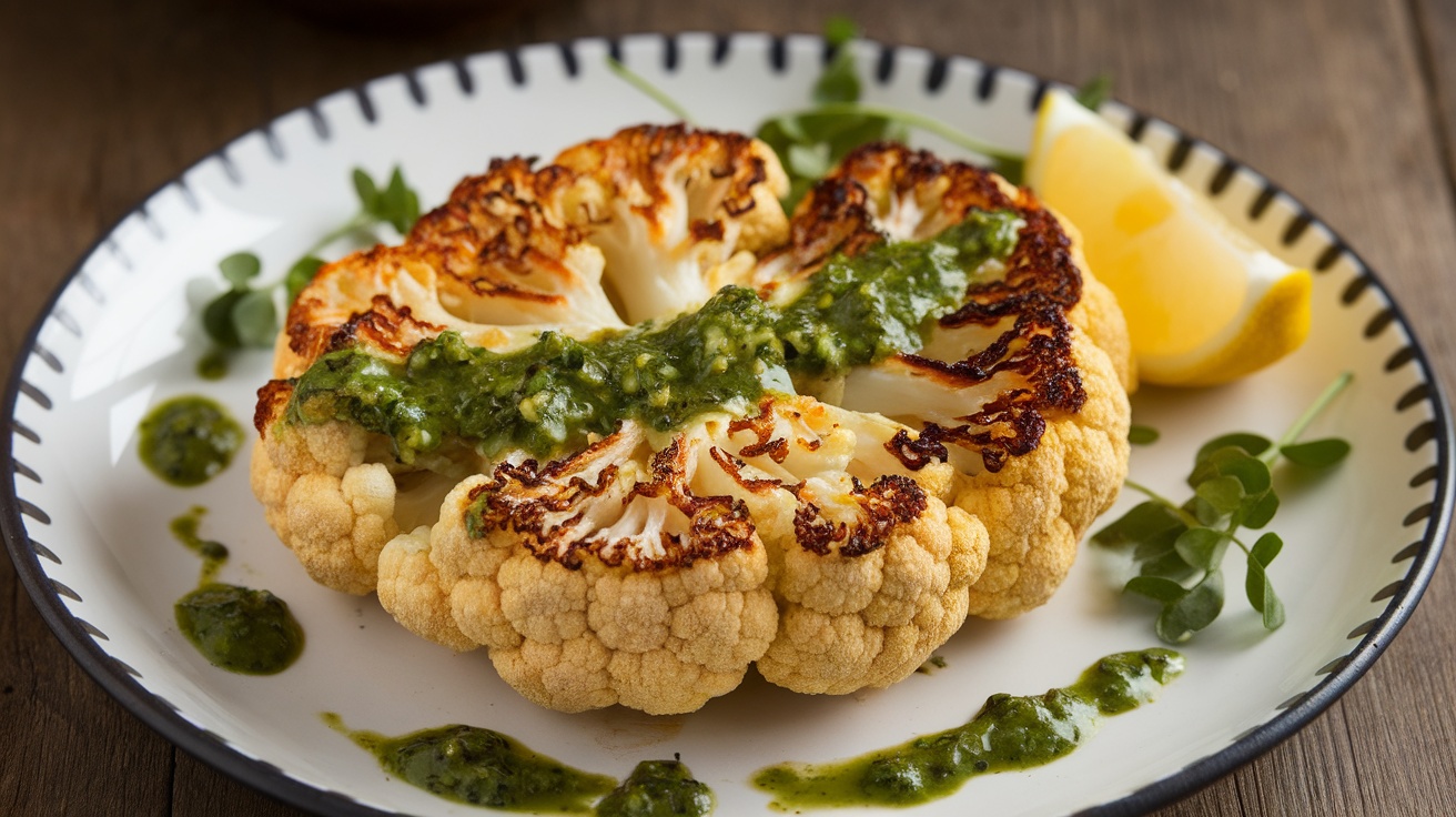 Roasted cauliflower steak topped with chimichurri sauce, garnished with herbs on a rustic table.