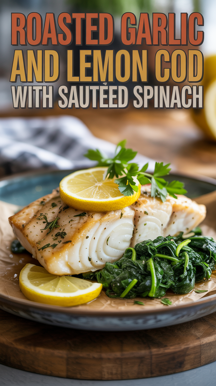 Roasted Garlic and Lemon Cod with Sautéed Spinach