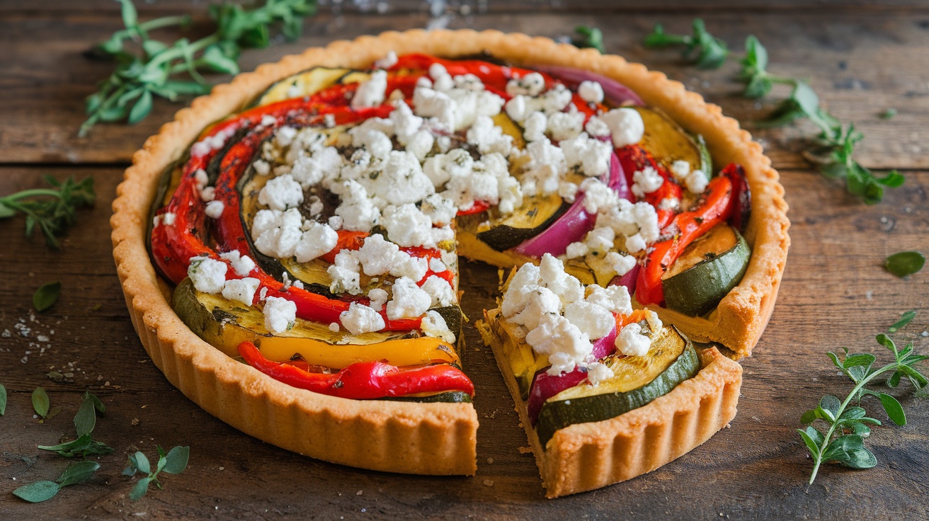 A slice of roasted vegetable and feta tart with gluten-free crust on a rustic wooden table, garnished with fresh herbs.