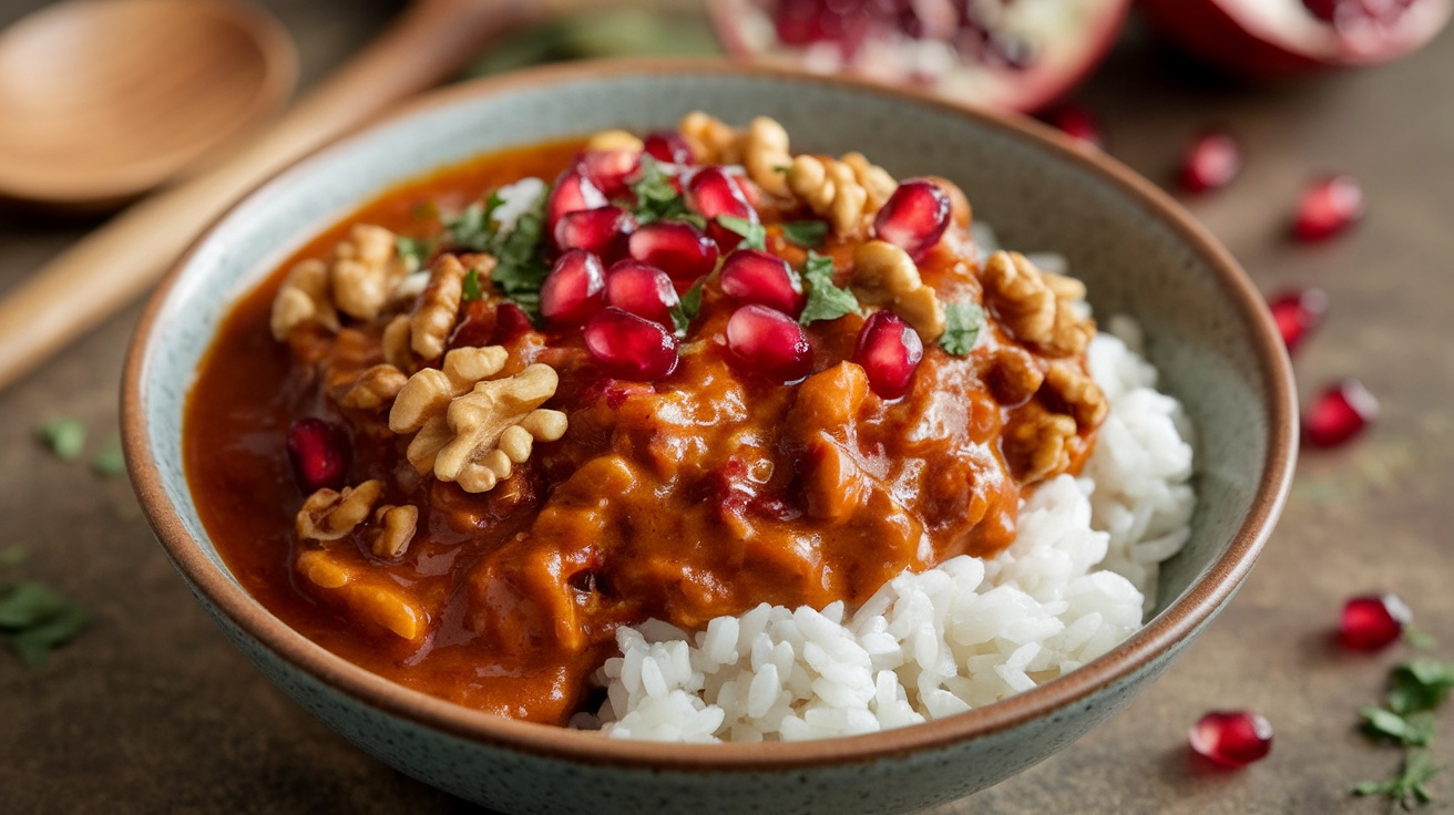 A bowl of Vegan Fesenjan, a walnut pomegranate stew garnished with pomegranate seeds and parsley, served with rice.