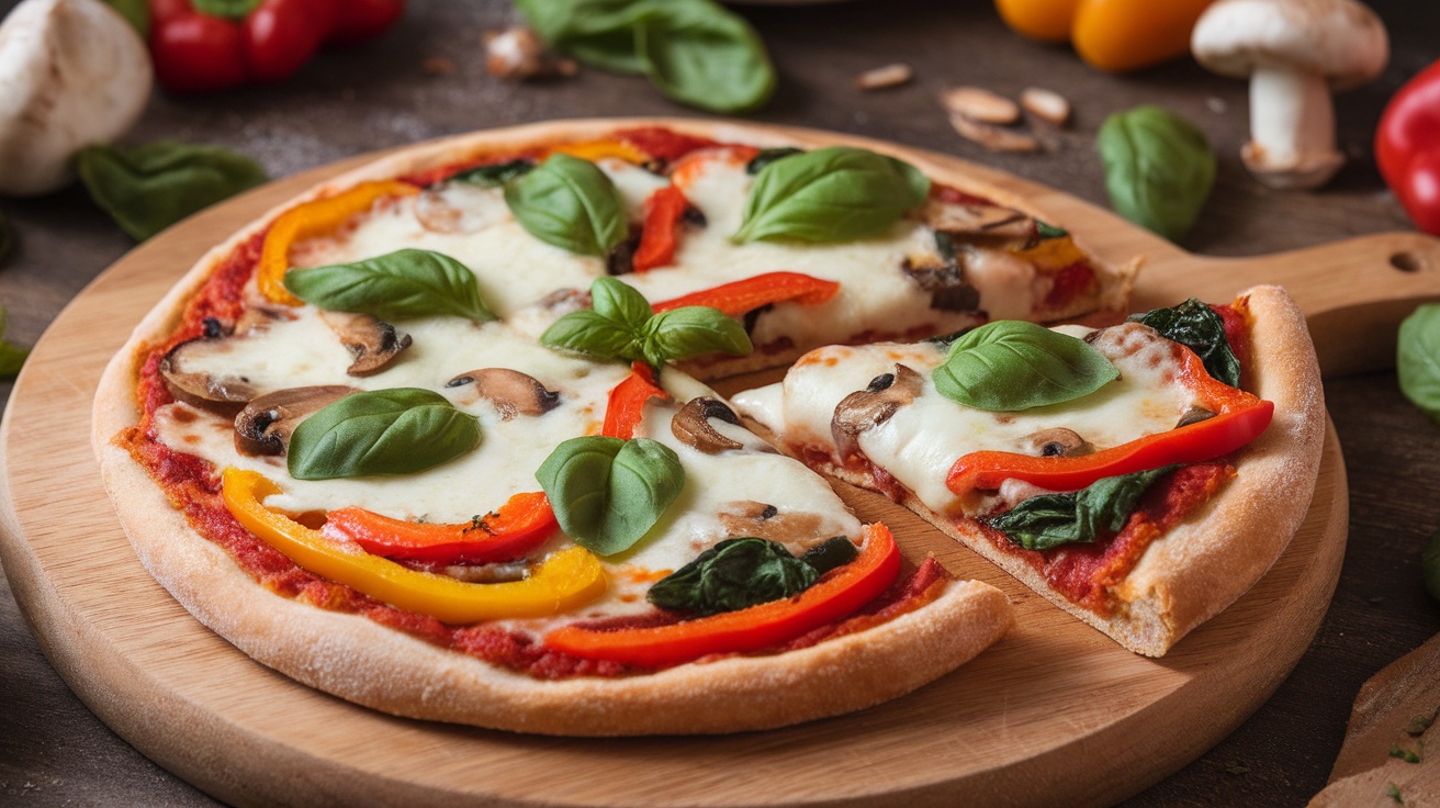 Gluten-free veggie pizza with almond flour crust, topped with cheese and colorful vegetables, on a rustic wooden board.