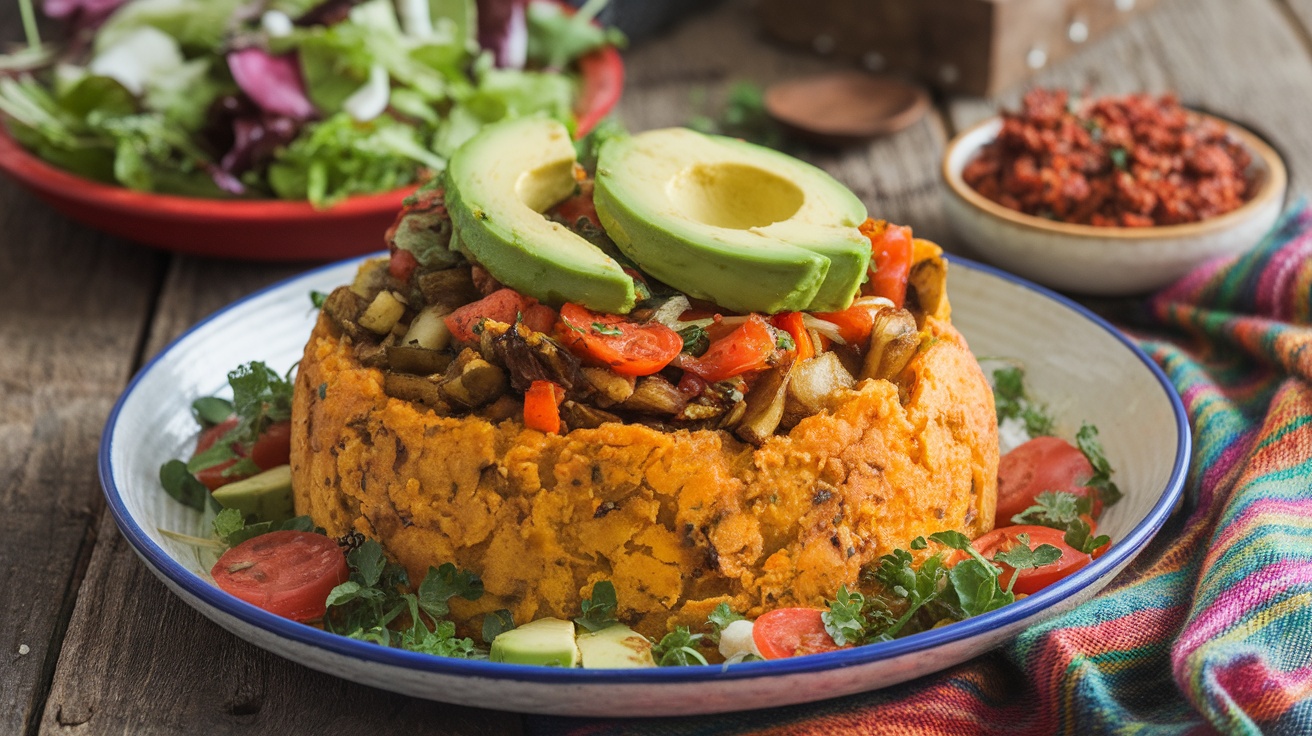 A delicious serving of Vegan Mofongo with mashed plantains, sautéed vegetables, and avocado, on a wooden table.