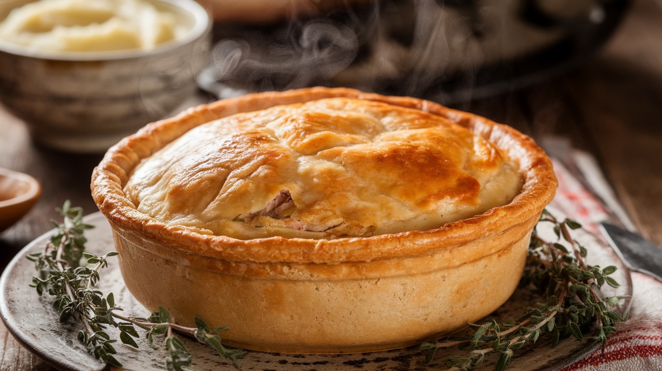 A freshly baked gluten-free turkey pot pie with a golden crust, served on a rustic table.