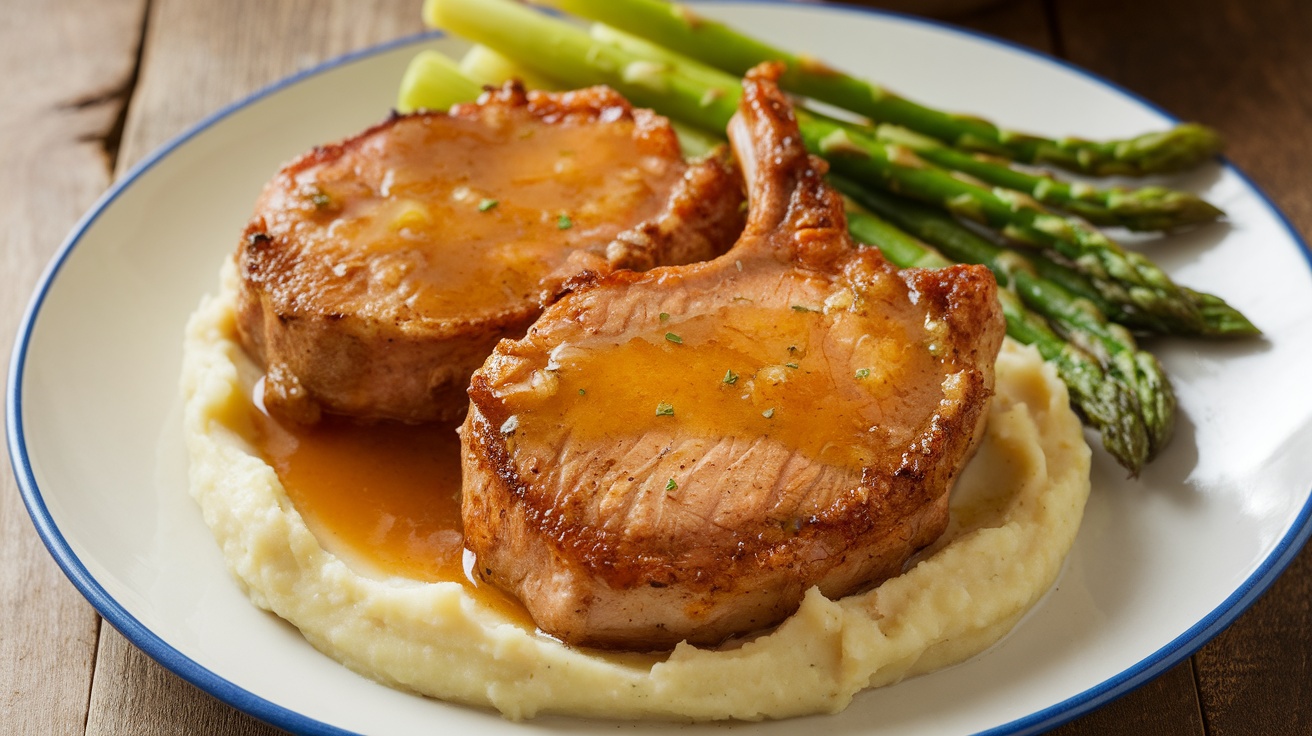 Pan-seared pork chops with apple cider glaze served with mashed potatoes and asparagus on a rustic wooden table.