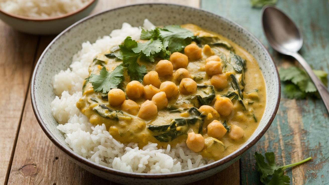 A colorful bowl of chickpea and spinach coconut curry over rice, garnished with cilantro on a rustic table.