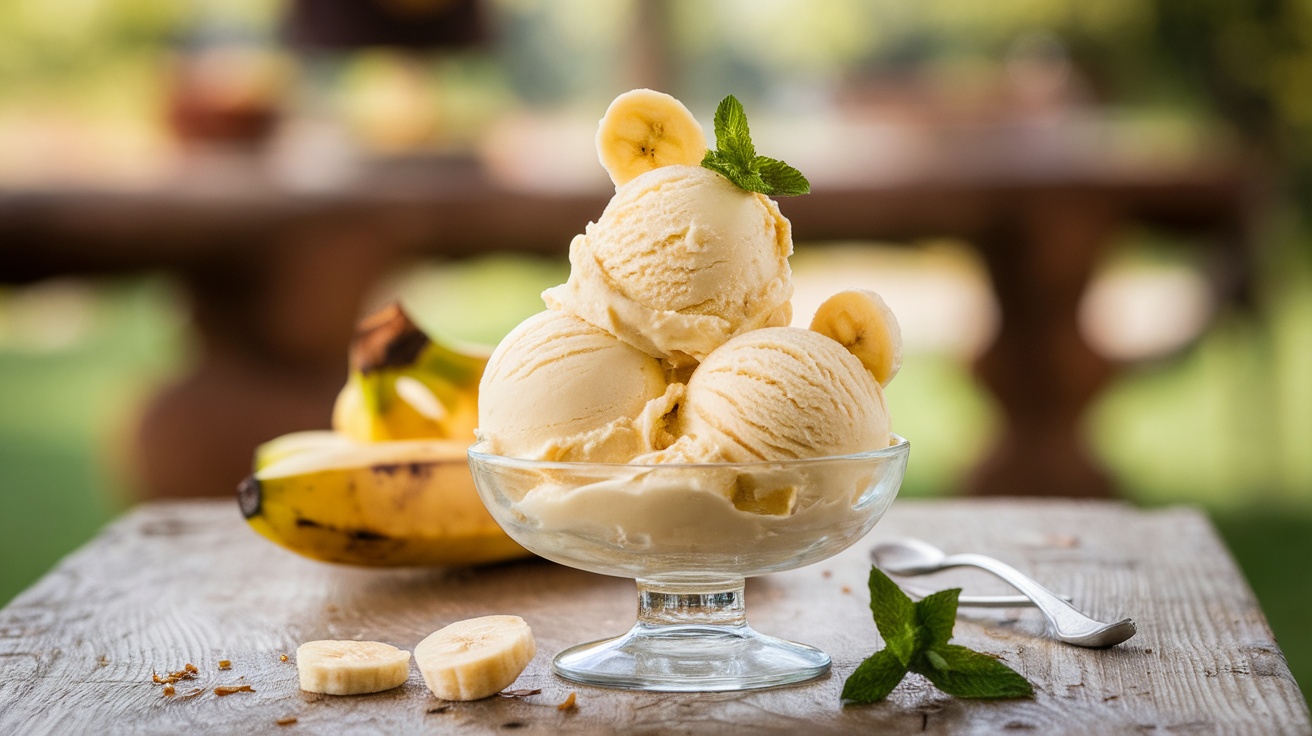 A bowl of banana ice cream topped with banana slices and mint, on a wooden table.