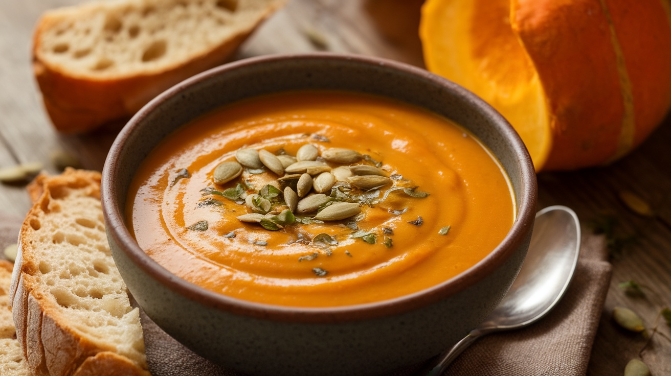 Creamy vegan pumpkin soup garnished with pumpkin seeds and herbs, served with crusty bread on a rustic table.