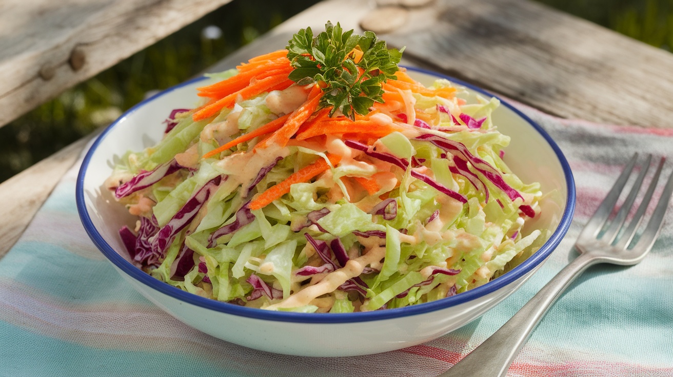 A colorful bowl of vegan coleslaw with green cabbage, red cabbage, and carrots on a wooden table.