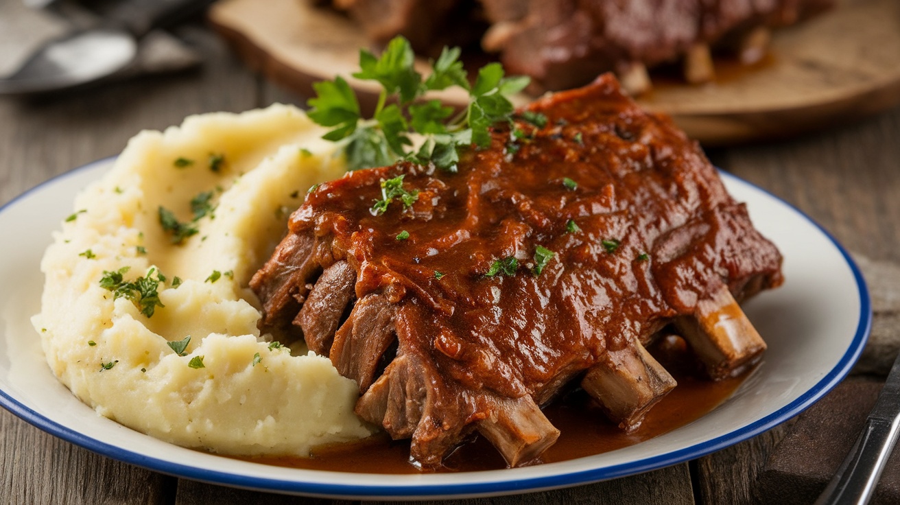 Tender slow-cooked short ribs and creamy mashed potatoes garnished with parsley on a rustic table.