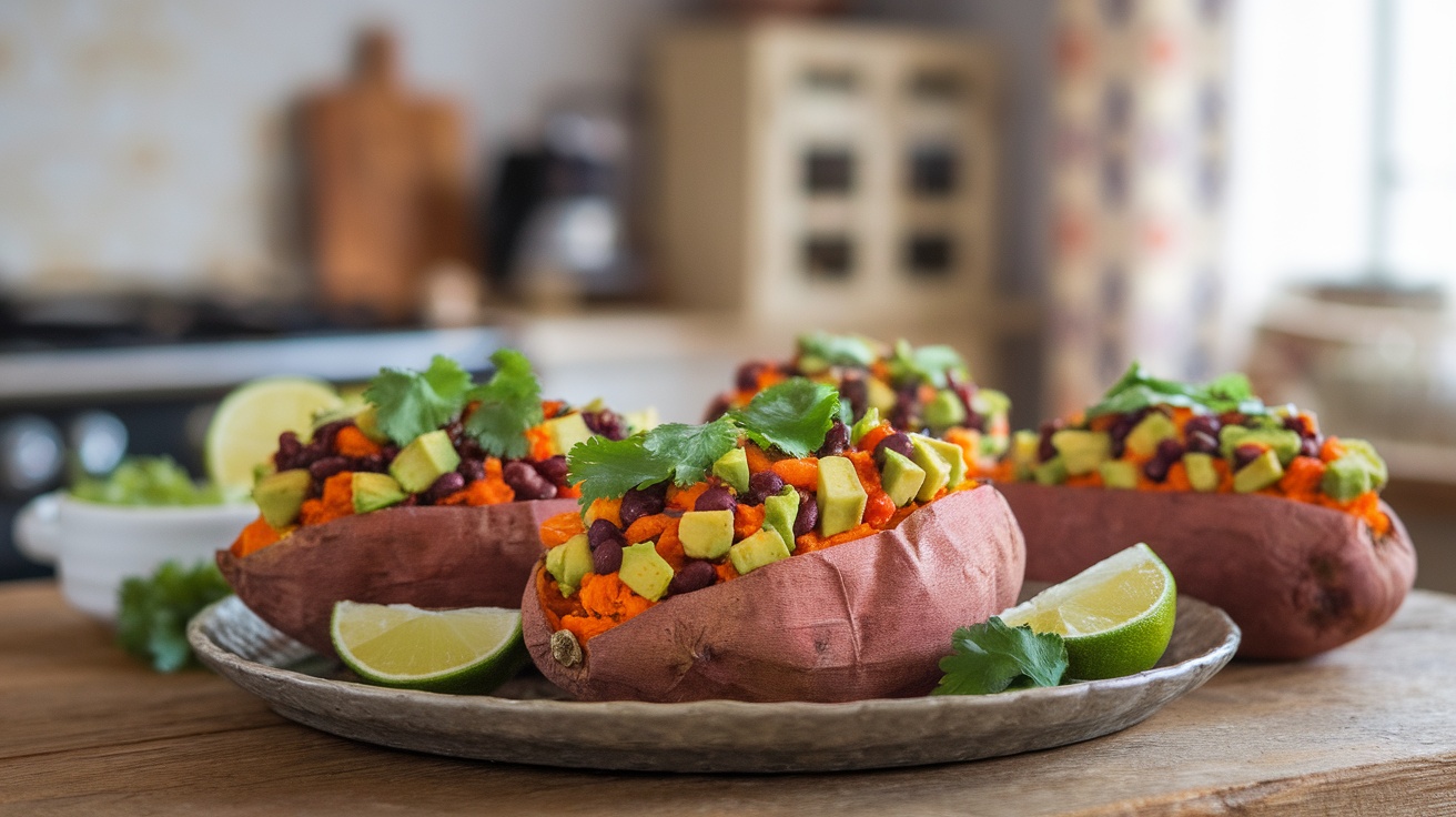 Stuffed sweet potatoes filled with black beans and avocado, garnished with cilantro and lime on a wooden table.