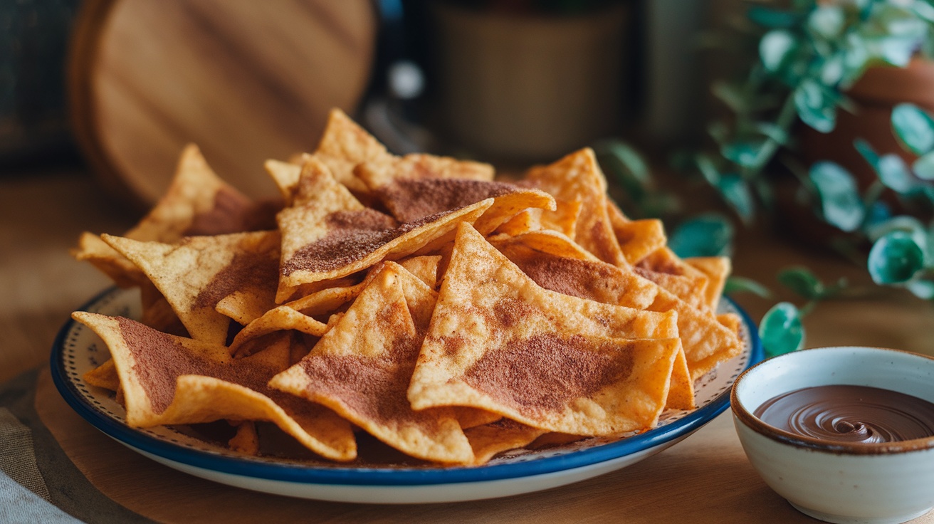 Crispy cinnamon sugar tortilla chips with a bowl of melted chocolate for dipping on a decorative plate.