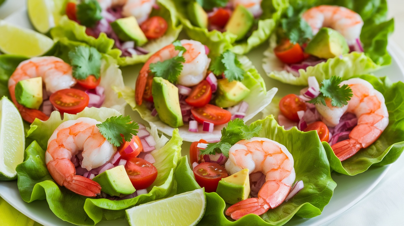 Colorful shrimp and avocado lettuce wraps garnished with cilantro, served on a platter with lime.