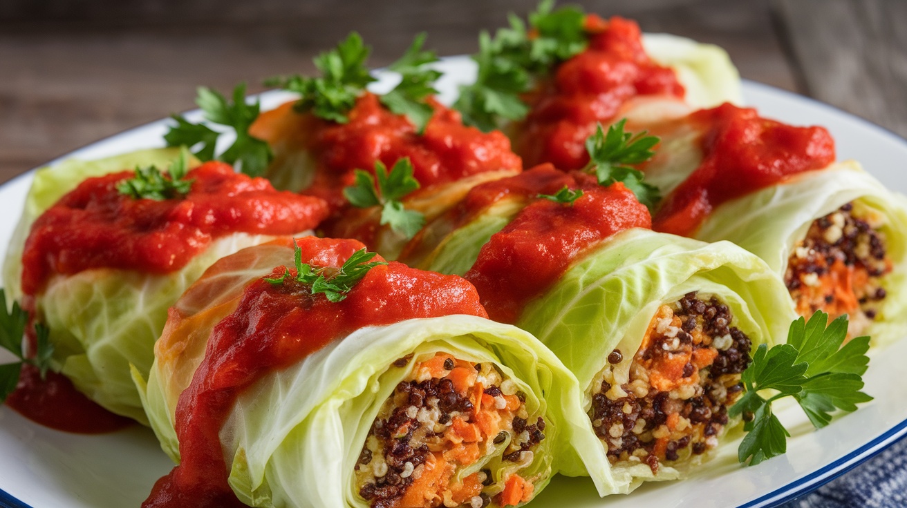 Vegan cabbage rolls with tomato sauce and parsley on a rustic wooden table.