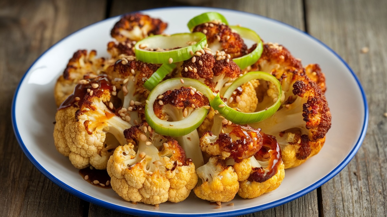 Vegan sticky garlic cauliflower on a plate, garnished with green onions and sesame seeds, against a rustic wooden table.