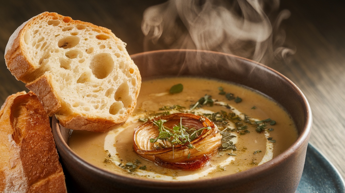 A warm bowl of roasted garlic and onion soup with herbs, served with crusty bread on a rustic table.