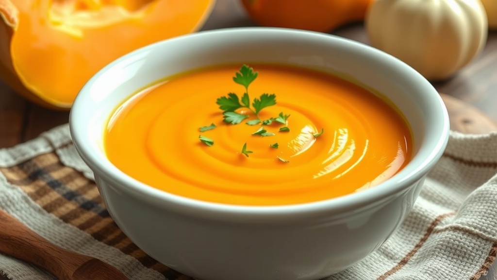 A bowl of smooth butternut squash soup garnished with parsley on a rustic table.