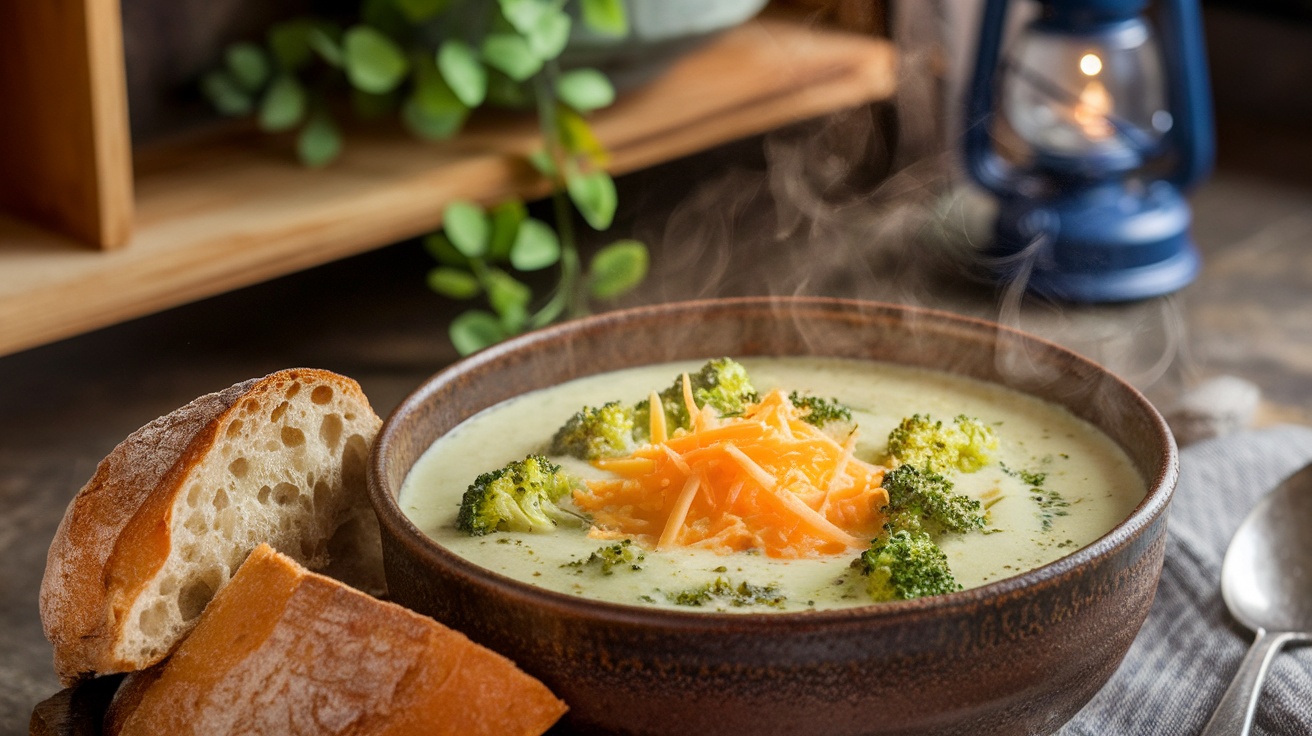 Creamy broccoli soup with three cheeses topped with shredded cheese, served with crusty bread.