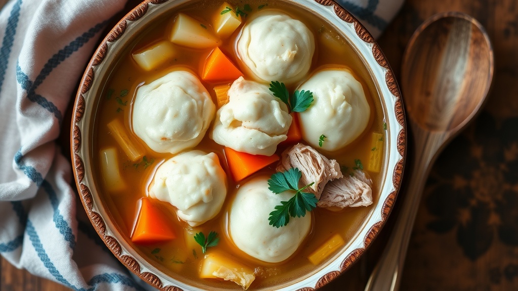 Bowl of Homemade Chicken and Dumplings Soup with fluffy dumplings, chicken, and vegetables, garnished with parsley.