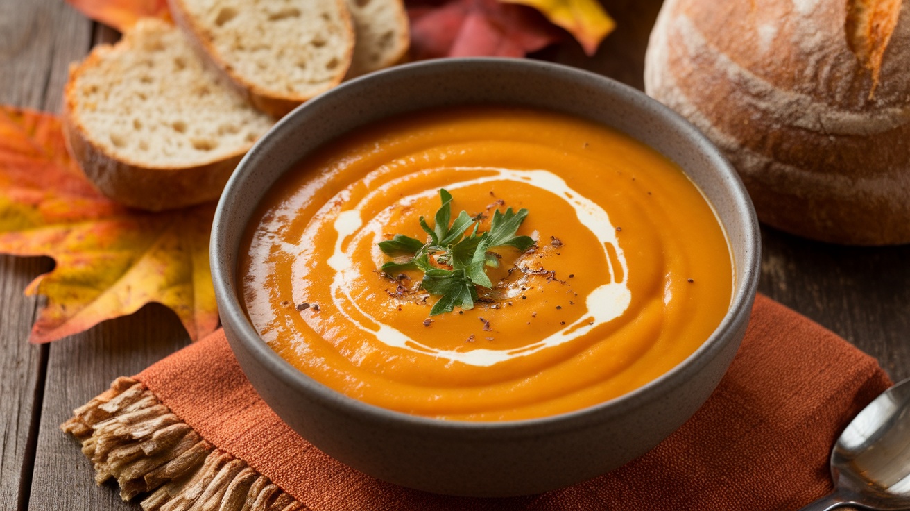 A bowl of maple roasted butternut squash soup garnished with parsley and cream, on a wooden table with autumn leaves and bread.