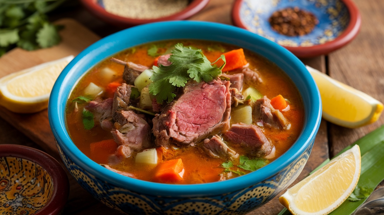 A bowl of Spiced Moroccan Lamb Soup with lamb, carrots, and herbs, garnished with cilantro and lemon slices on a rustic table.