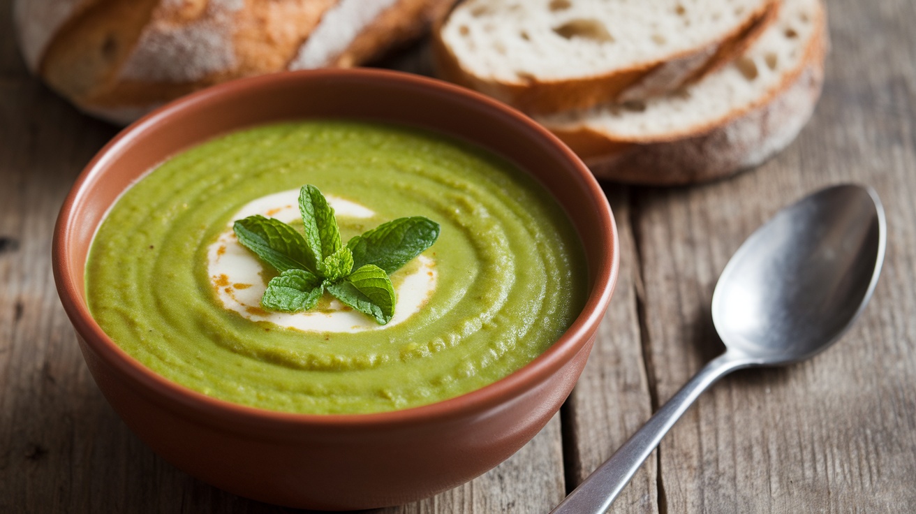 A bowl of smooth French pea soup garnished with mint leaves, served with crusty bread on a wooden table.