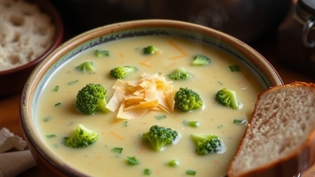 A bowl of creamy broccoli cheddar soup garnished with cheese and broccoli, alongside crusty bread.