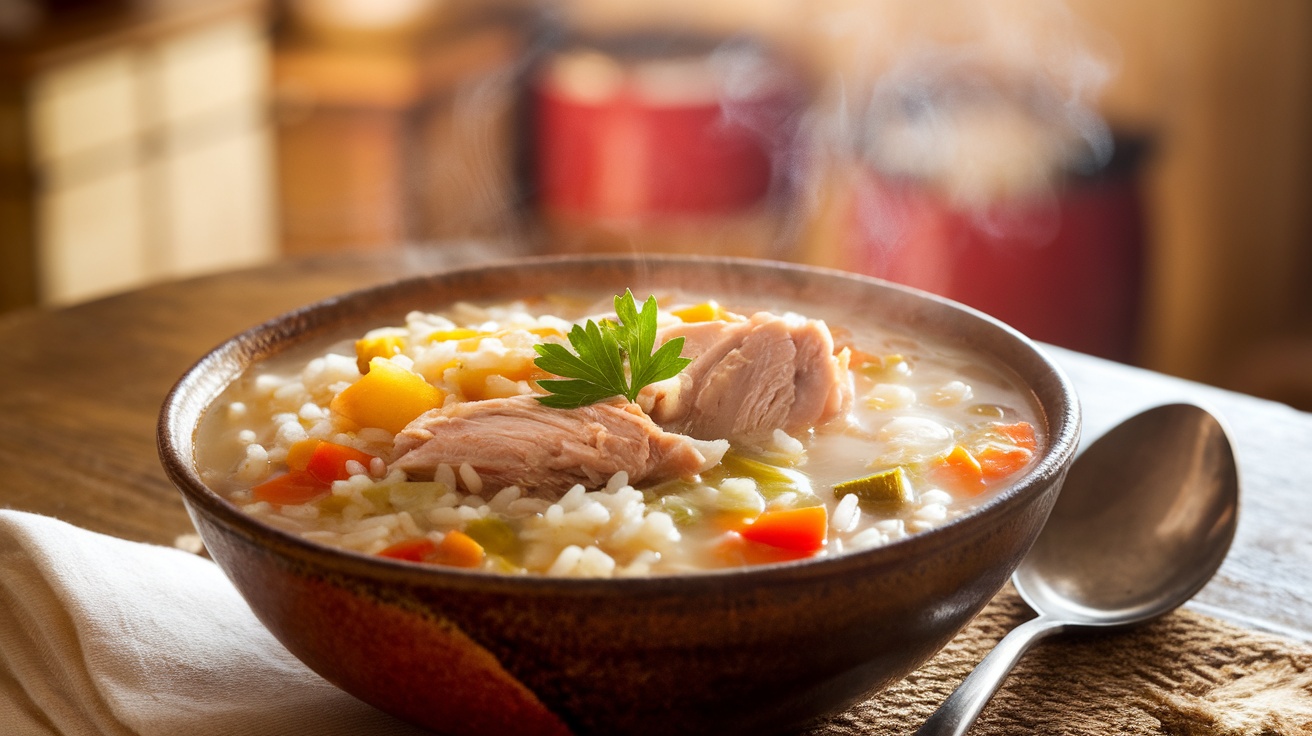 A warm bowl of homestyle chicken and rice soup with chicken, rice, and vegetables, garnished with parsley.