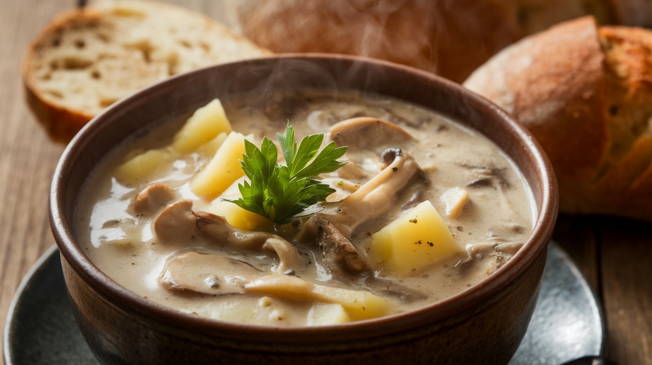 A comforting bowl of wild mushroom and potato soup with parsley garnish, served with bread on a wooden table.