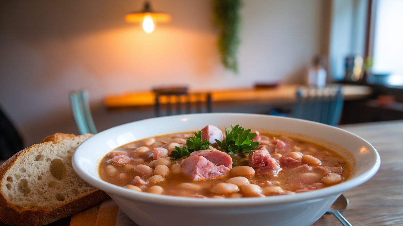 A bowl of Slow-Cooked Ham and Bean Soup with beans, ham, and parsley, accompanied by crusty bread in a warm kitchen.