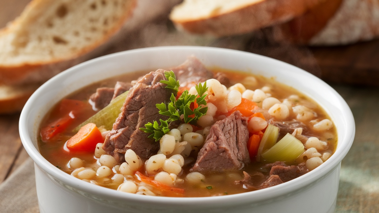 A bowl of beef and barley soup with beef chunks, barley, carrots, and celery, garnished with parsley, on a wooden table with bread.