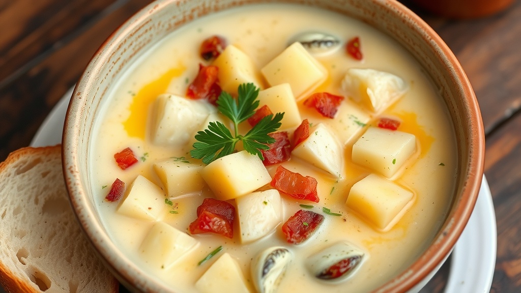 A bowl of creamy clam chowder with potatoes and bacon, garnished with parsley, on a wooden table with bread.