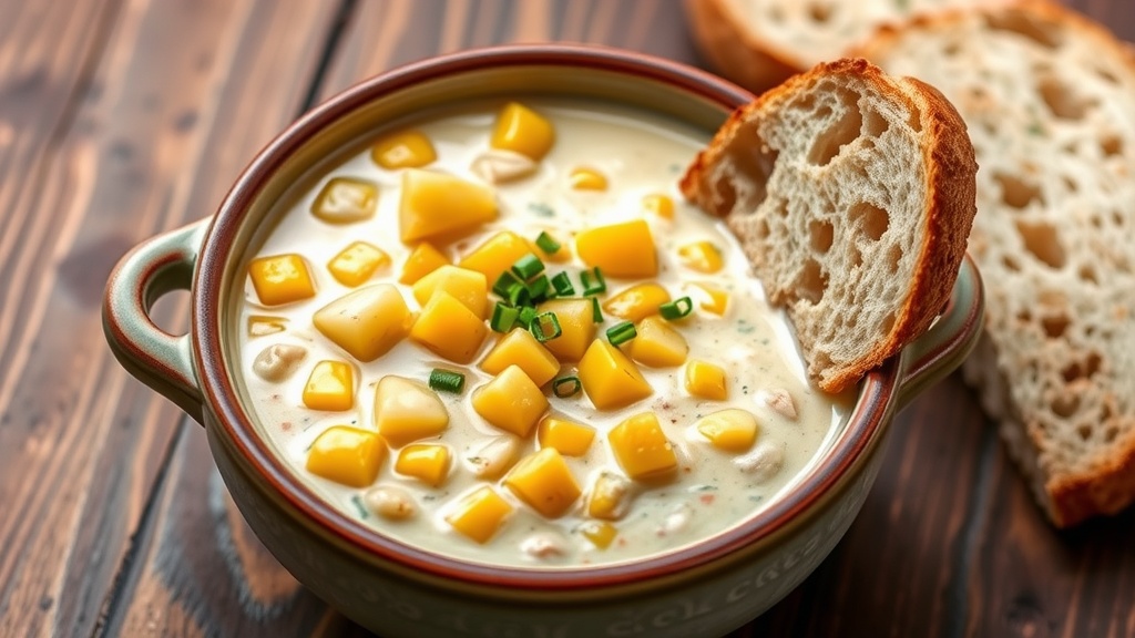 A bowl of creamy corn chowder with corn kernels and potatoes, garnished with chives, beside a slice of bread on a rustic table.