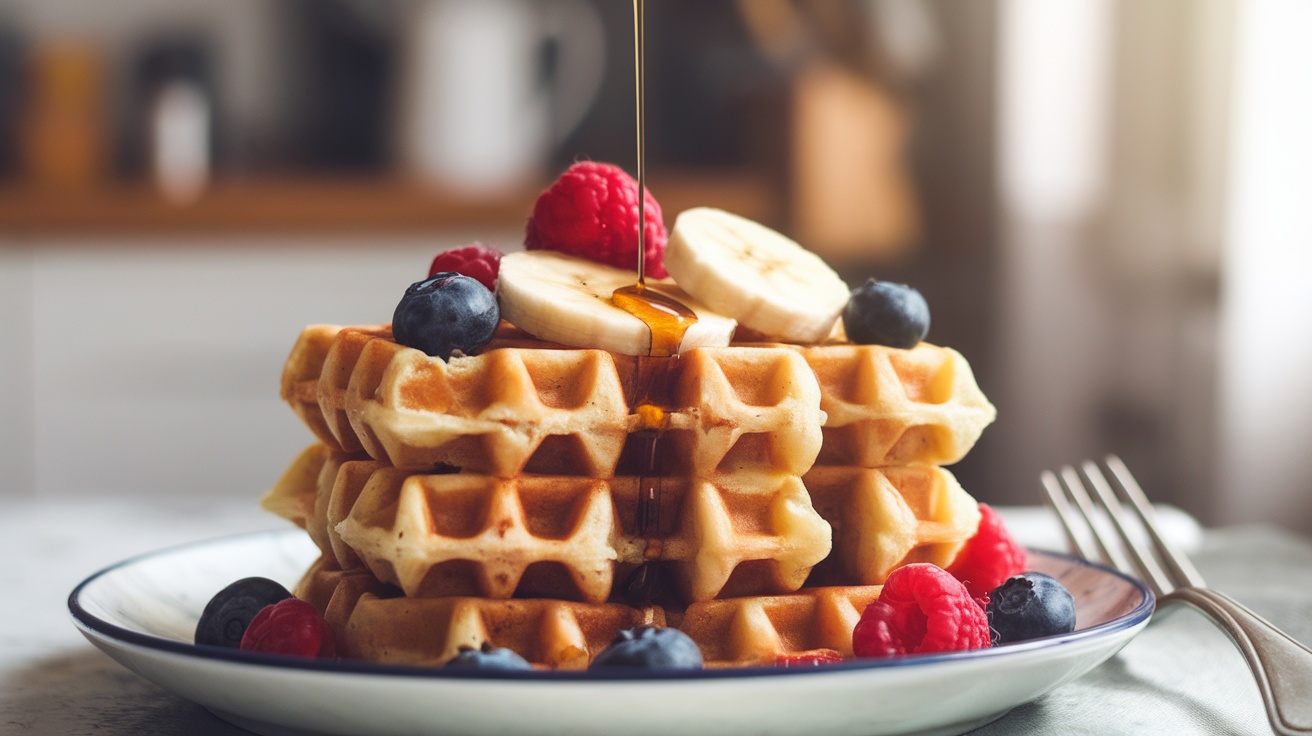 Stack of fluffy vegan waffles topped with berries and syrup on a white plate.