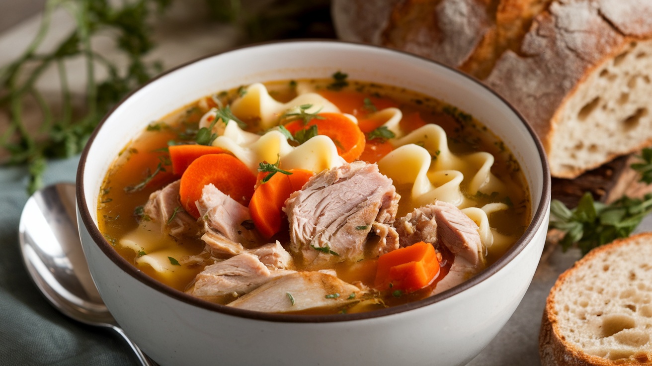 A steaming bowl of turkey noodle soup with vegetables and noodles, garnished with herbs, served with bread on a rustic table.