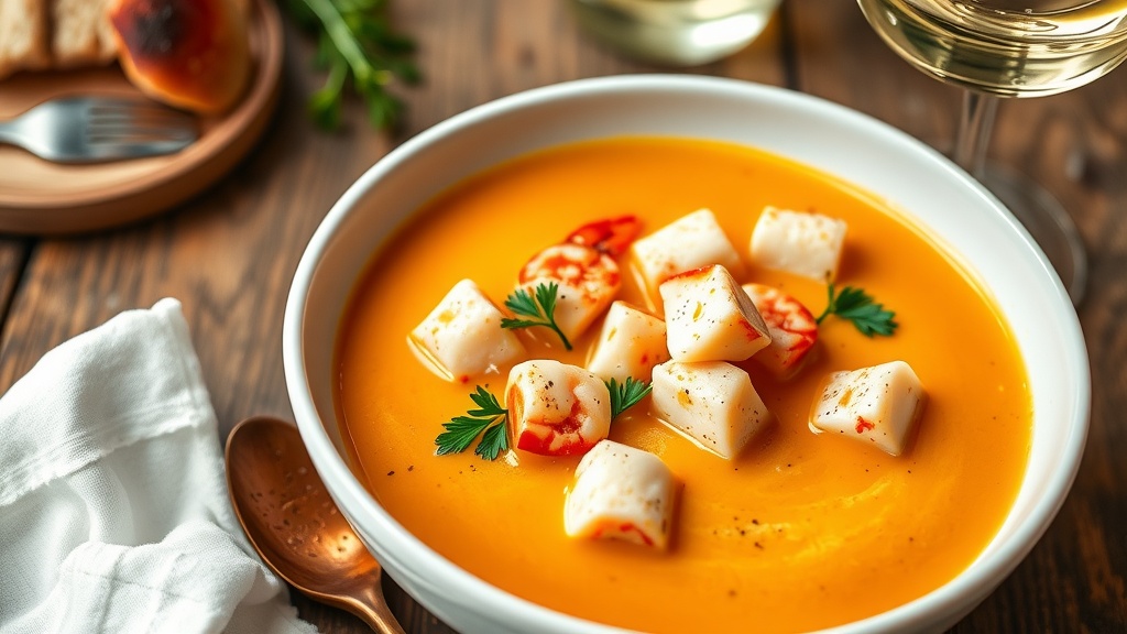 A bowl of rich lobster bisque with lobster pieces and parsley, served with crusty bread and white wine.