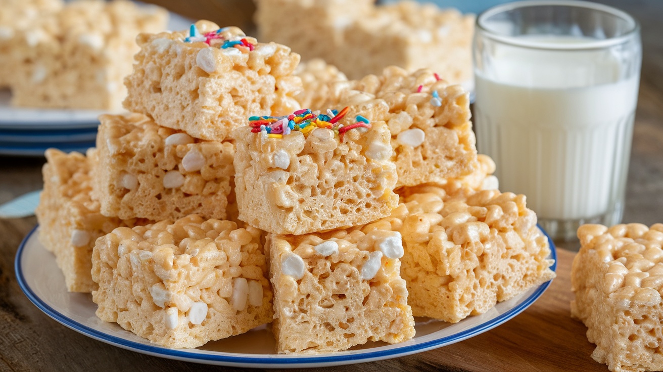 A plate of golden Rice Krispies Treats squares with sprinkles on a rustic wooden table.