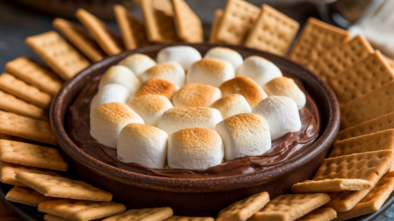 A warm S’mores Dip with toasted marshmallows and chocolate, surrounded by graham crackers for dipping.