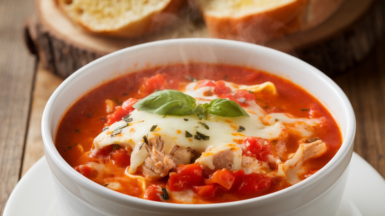 A bowl of savory chicken parmesan soup with chicken, tomatoes, pasta, and cheese, garnished with basil, alongside garlic bread.