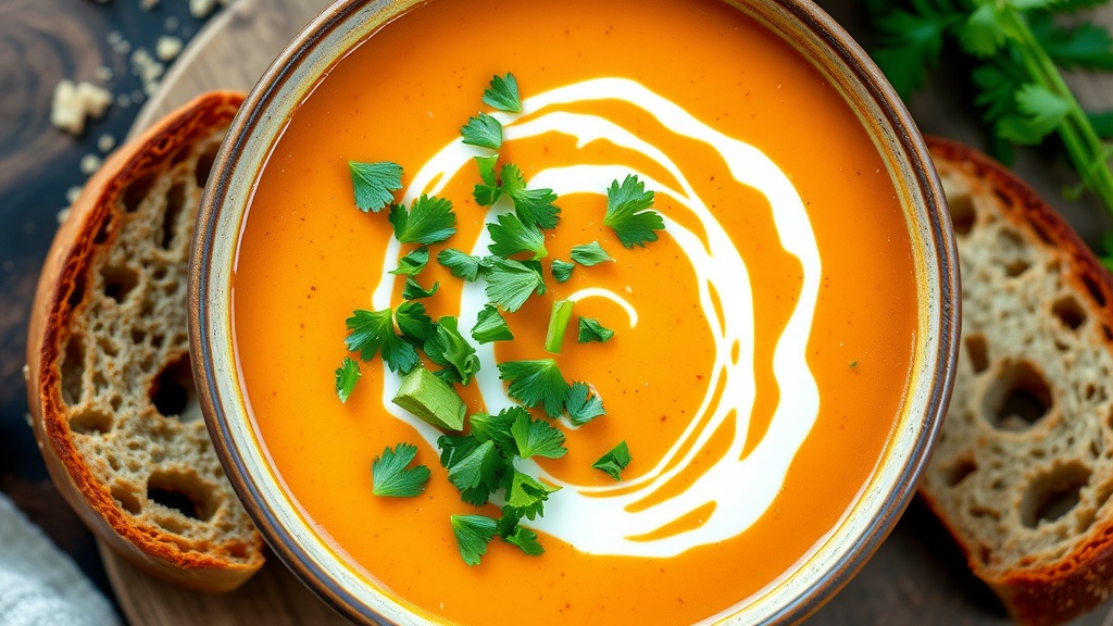 A bowl of creamy gingery carrot soup garnished with cilantro and a slice of rustic bread.