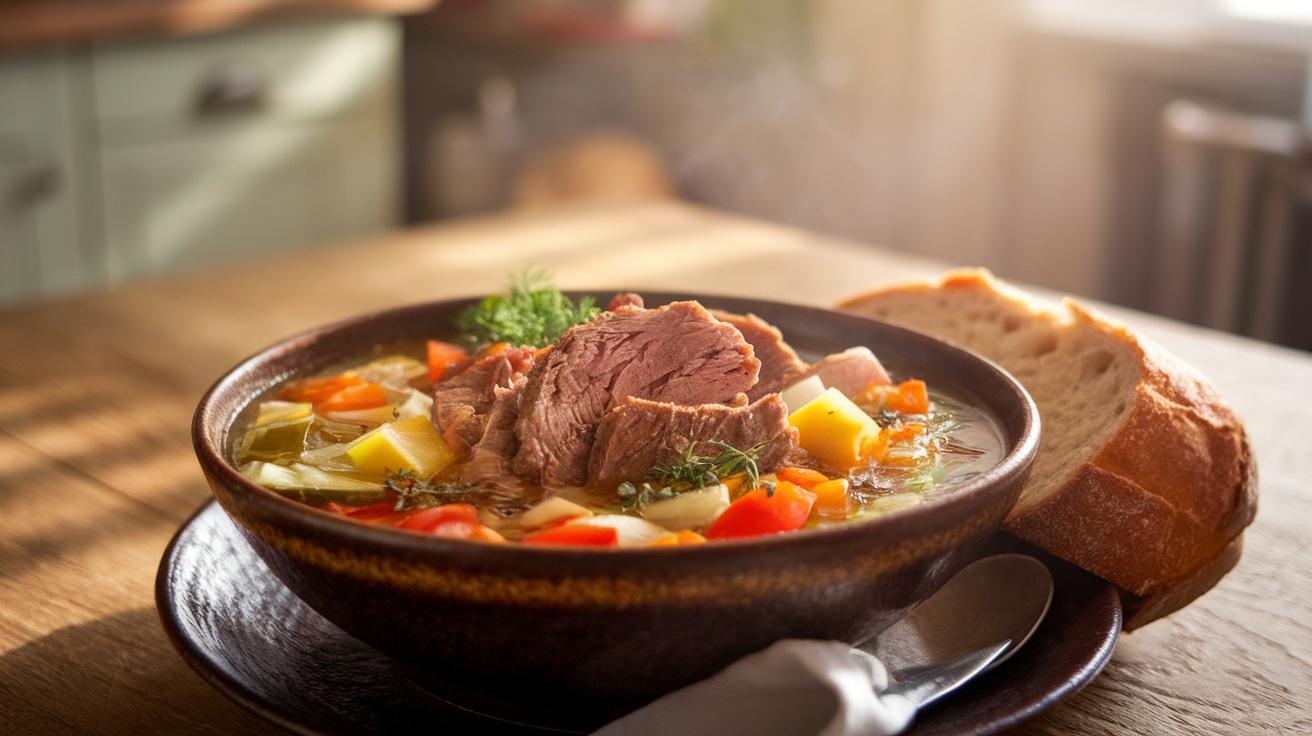 A hearty soup with roast meat and vegetables, served in a rustic bowl with bread, on a warm wooden table.